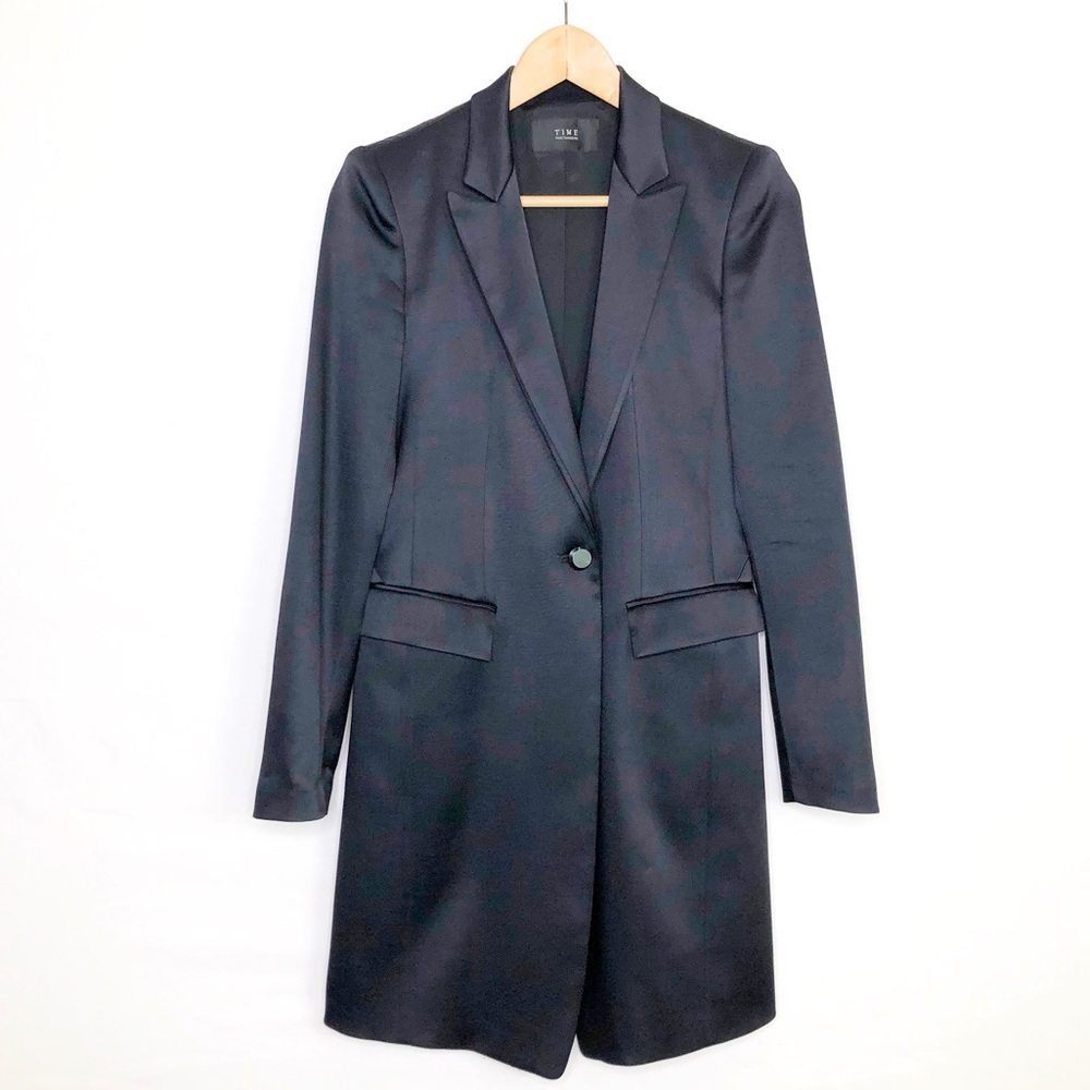 Time Post Modern Black satin one button closure blazer